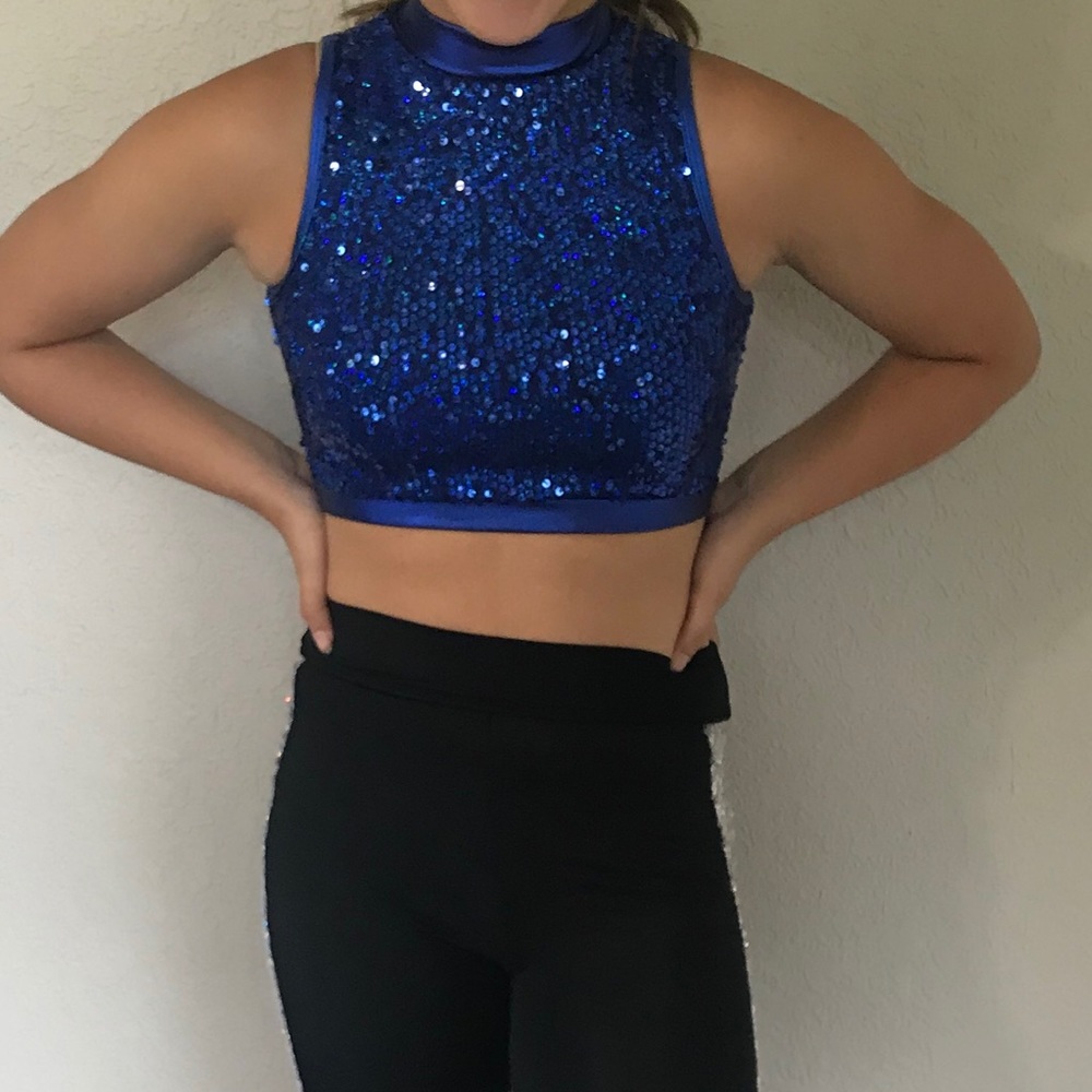 blue sparkle dance top with leggings